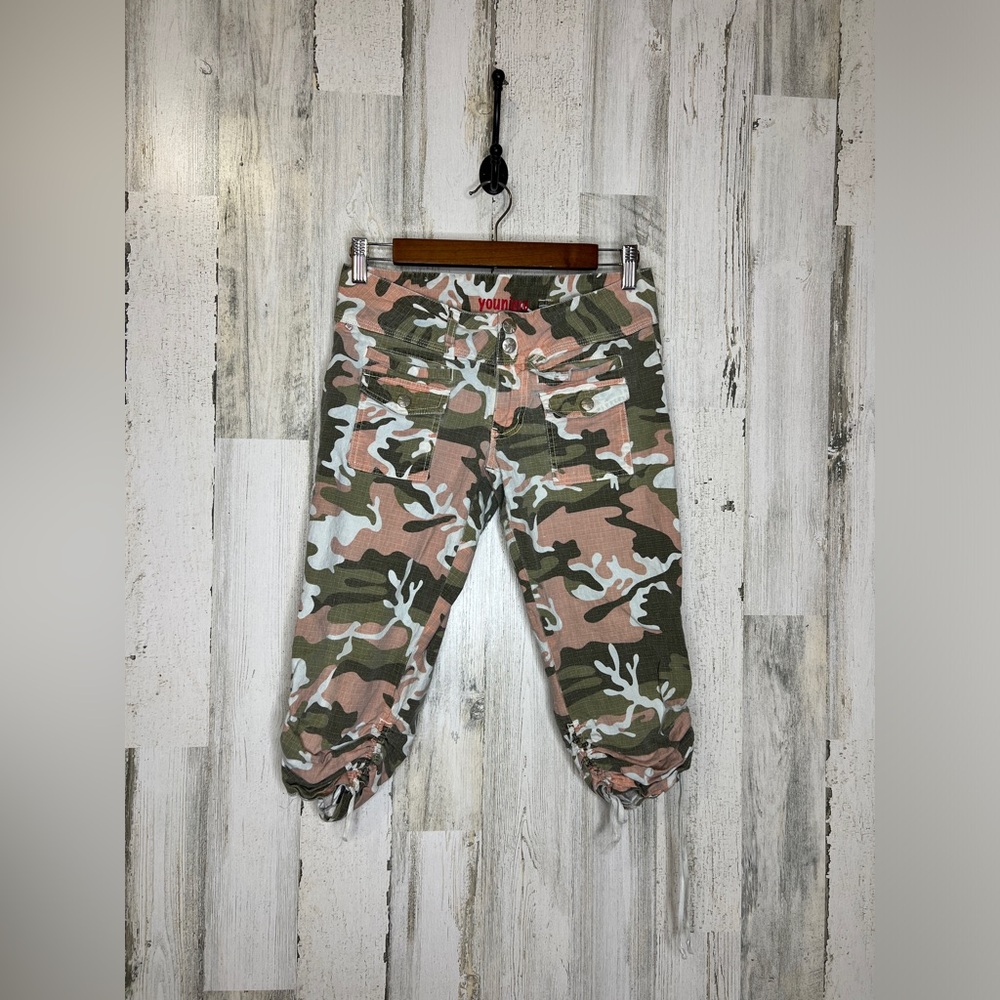 Younique Women's Camo Ruched Drawstring Pants Pink Green Size 28